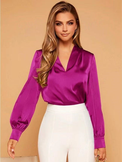 Women's Satin Blouse with V-Neck and Elegant Puff Sleeves Ivyshape