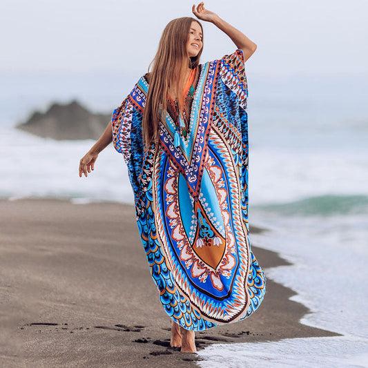 Women's airy kaftan with embroidered tropical motif Ivyshape