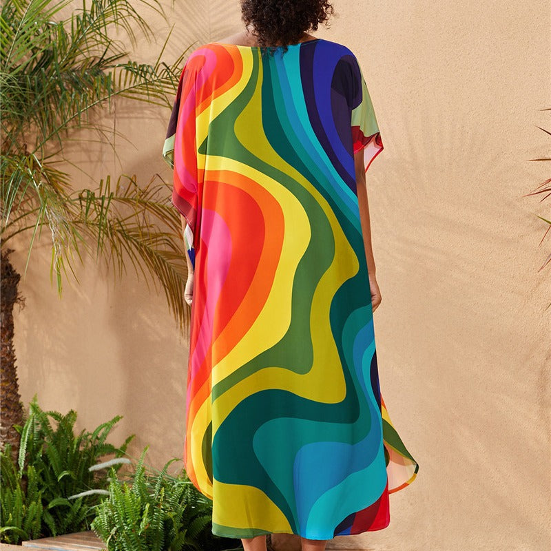 Ladies casual beach coat with artistic graphic pattern and generous cut Ivyshape