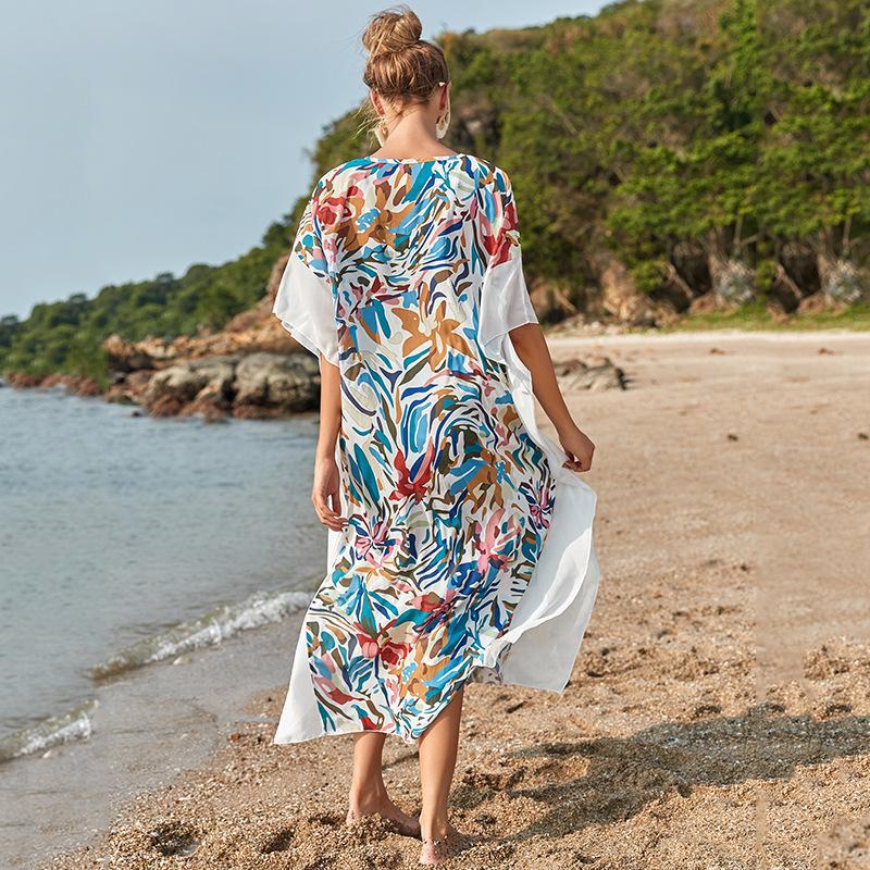 Ladies elegant beach robe with modern floral pattern Ivyshape