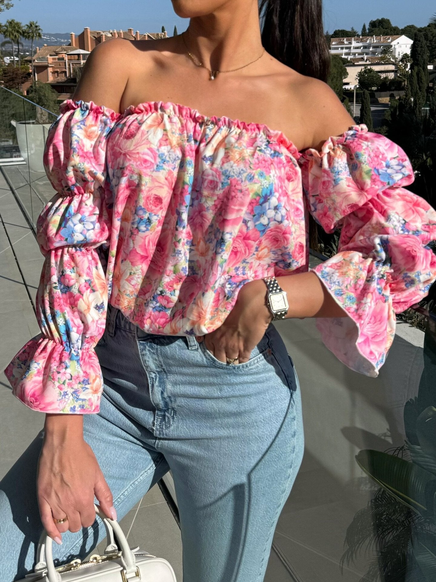 Women's Off-Shoulder Blouse with Voluminous Sleeves and Floral Design Ivyshape