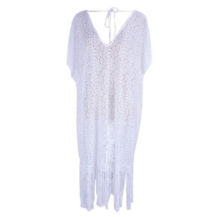 Ladies elegant beach robe with delicate crochet pattern and fringes Ivyshape