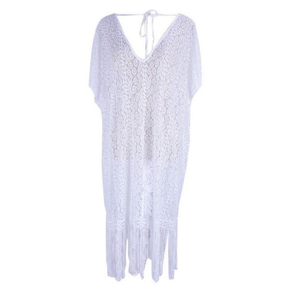 Ladies elegant beach robe with delicate crochet pattern and fringes Ivyshape