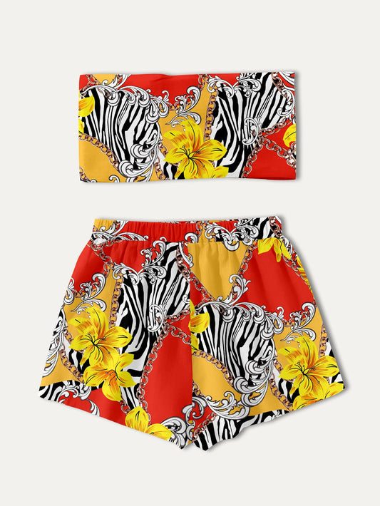 Women's stylish bandeau top and shorts set with colorful graphic design Ivyshape