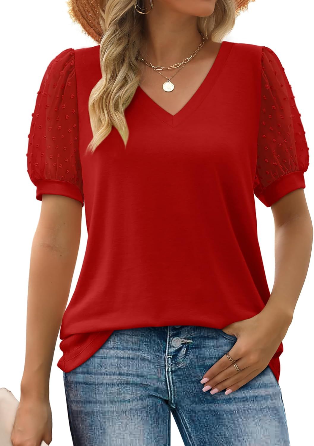 Women Elegant V-Neck Top with Transparent Puff Sleeves Ivyshape
