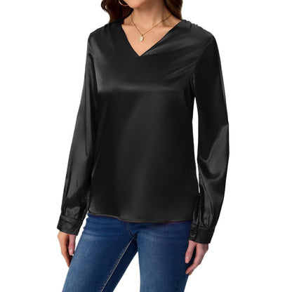 Ladies elegant V-neck satin top with long sleeves Ivyshape