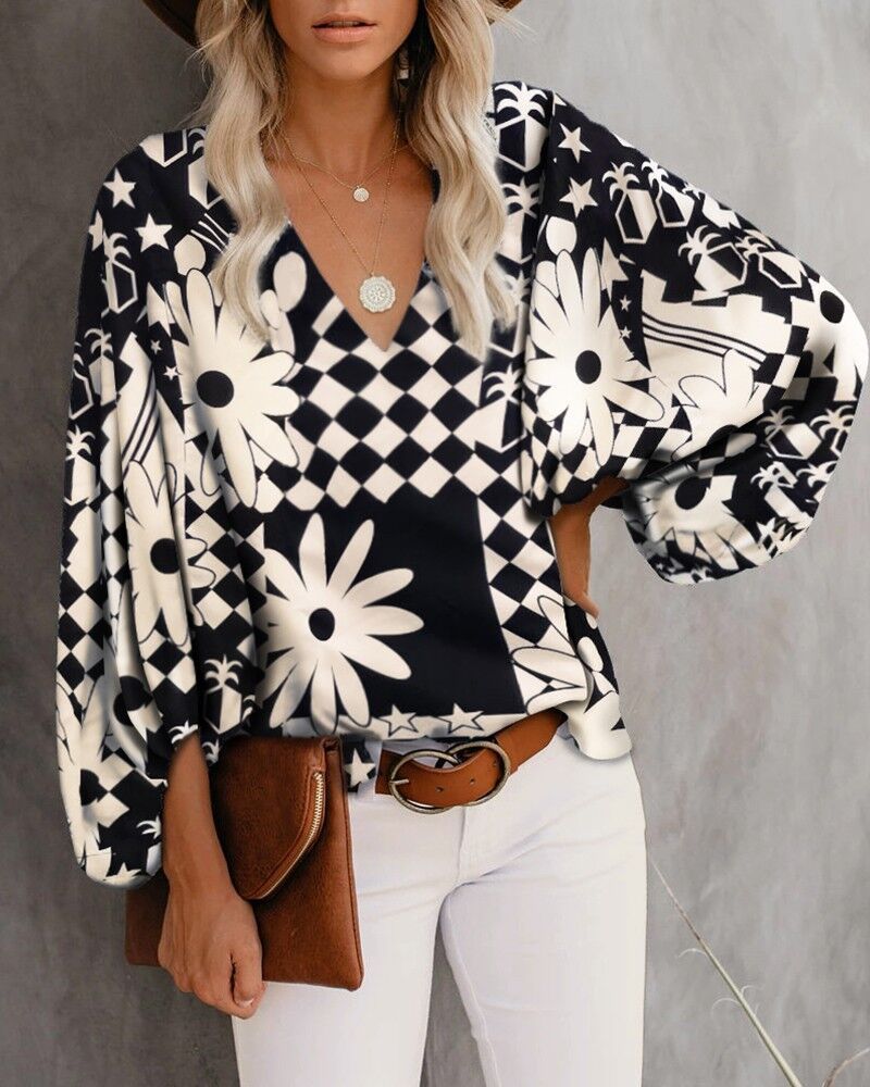 Ladies' Fashion Blouse with Voluminous Sleeves and Floral Pattern Ivyshape