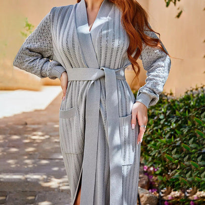 Women's knitted coat with intricate embroidery and modern button design Ivyshape