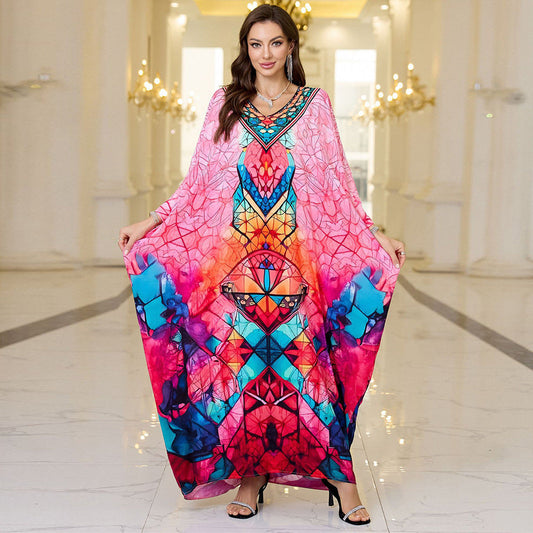 Ladies Kaftan with artistic ethnic pattern and side slits Ivyshape