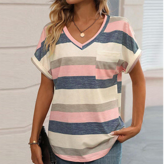 Ladies V-neck short sleeve shirt with striped pattern Ivyshape