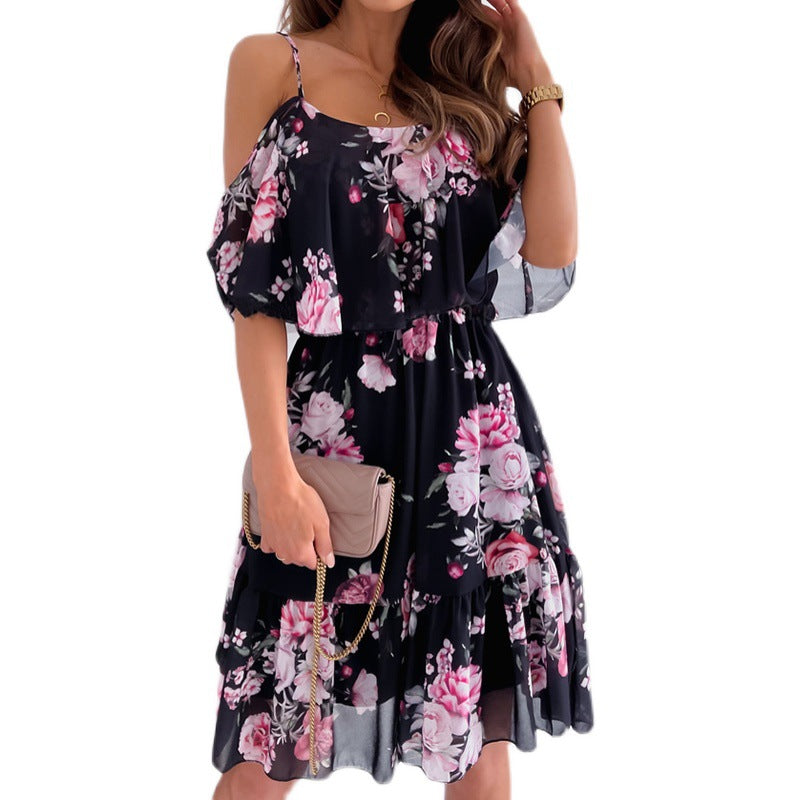 Ladies airy floral dress with off-shoulder sleeves and ruffle details Ivyshape