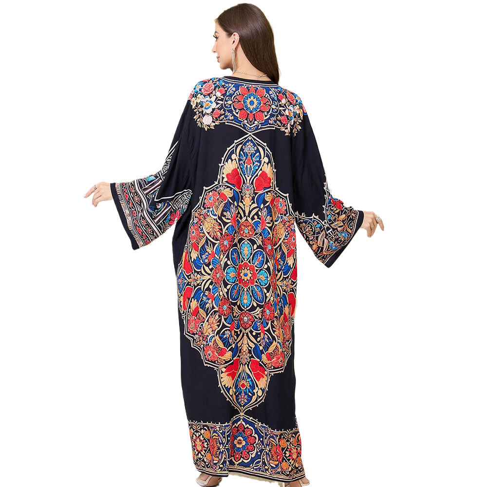 Ladies Maxi Kaftan with colorful floral embroidery design Ivyshape
