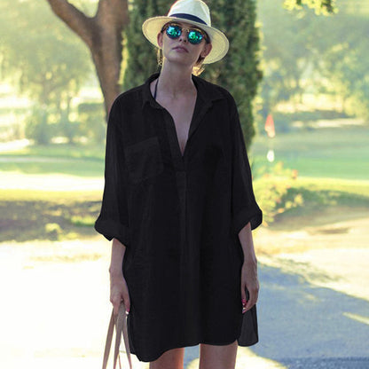 Ladies casual beach blouse with deep V-neck and long sleeves Ivyshape