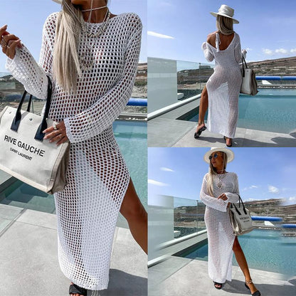 Women's crochet beach dress with deep slit and long cut Ivyshape