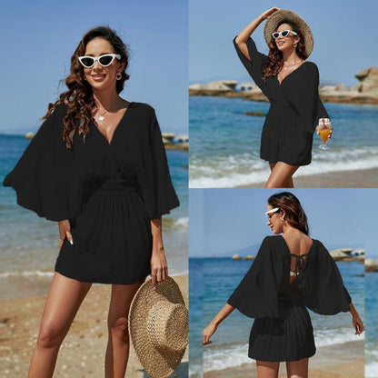 Women’s beach dress with voluminous sleeves and deep V-neck Ivyshape
