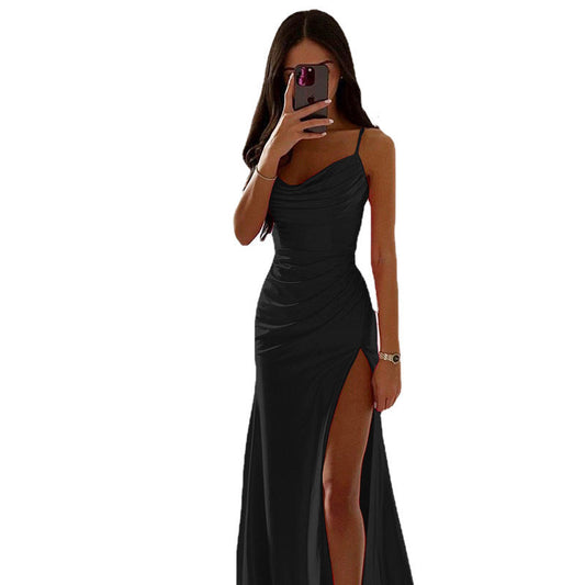 Ladies Elegant Gathered High Slit Maxi Dress Ivyshape
