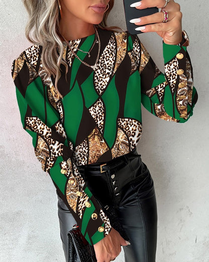 Ladies Fashionable Blouse with Unique Pattern and Golden Buttons Ivyshape