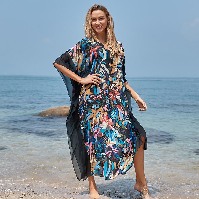 Ladies elegant beach robe with modern floral pattern Ivyshape
