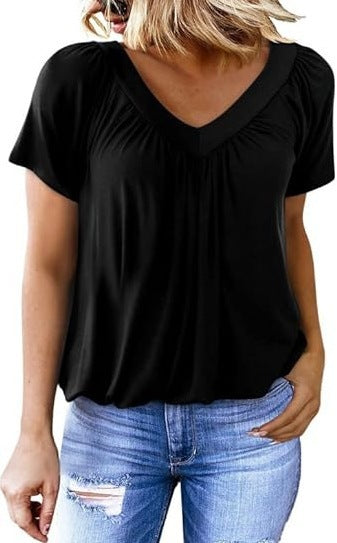 Women Pleated V-Neck Casual Top Ivyshape