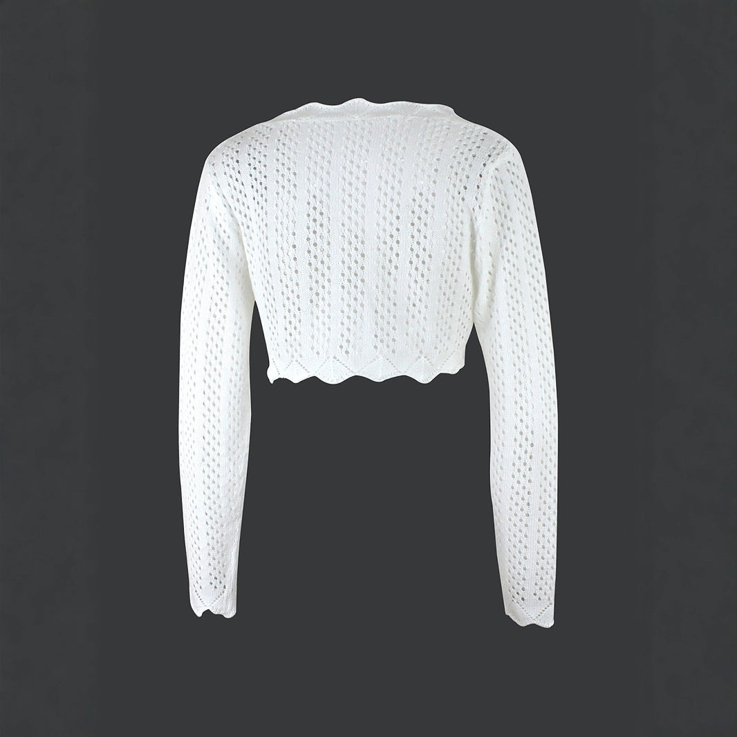 Women's cropped knitted blouse with tie closure and pierced design Ivyshape