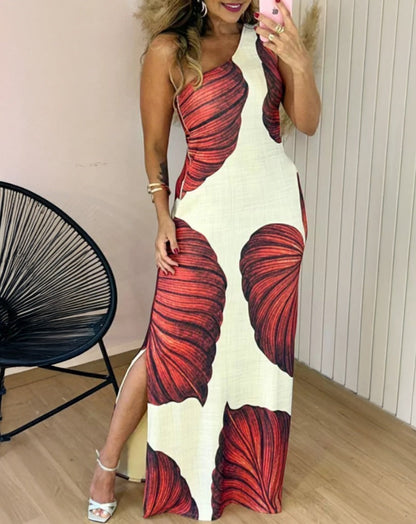 Ladies max dress with exciting leaf pattern and side slit Ivyshape