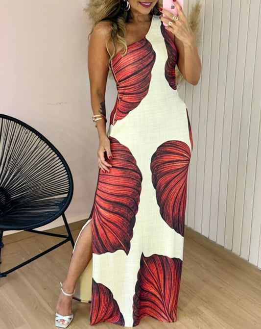 Ladies max dress with exciting leaf pattern and side slit Ivyshape