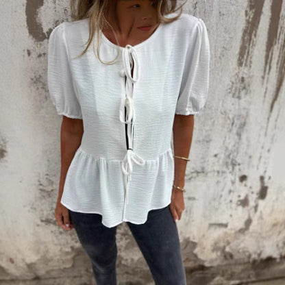 Ladies Ruffle Peplum Blouse with Tied Belt Ivyshape
