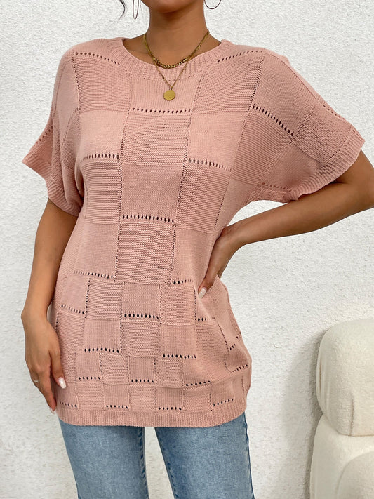 Women's casual knit top with unique hole pattern and wide-cut sleeves Ivyshape