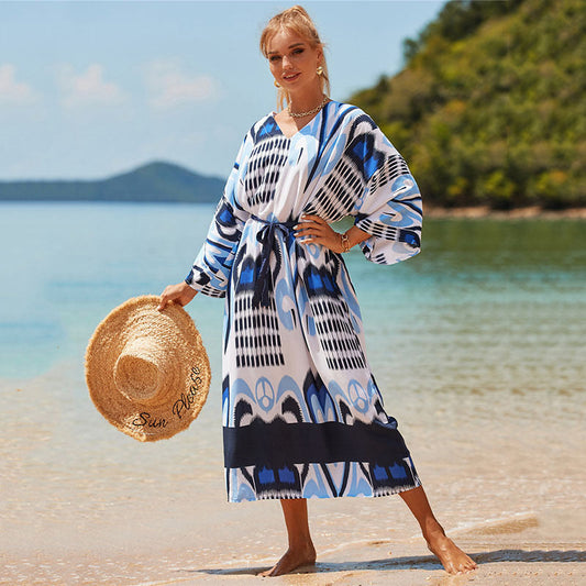 Women's long beach kimono with intricate print and flattering cut Ivyshape