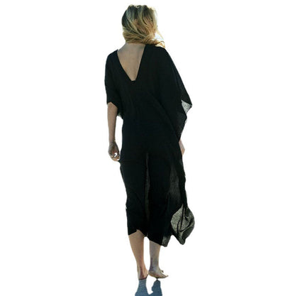 Women's airy beach cover-up with elegant V-neck and flowing coat style Ivyshape