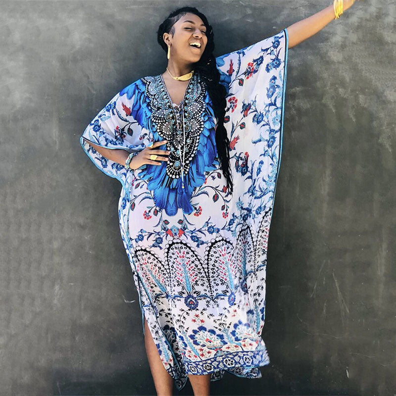 Ladies Maxi Kaftan with exotic pattern mix and elegant V-neck Ivyshape