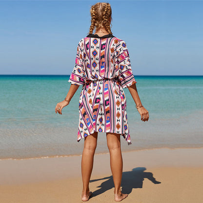 Women's trendy beach kimono with colorful geometric pattern Ivyshape