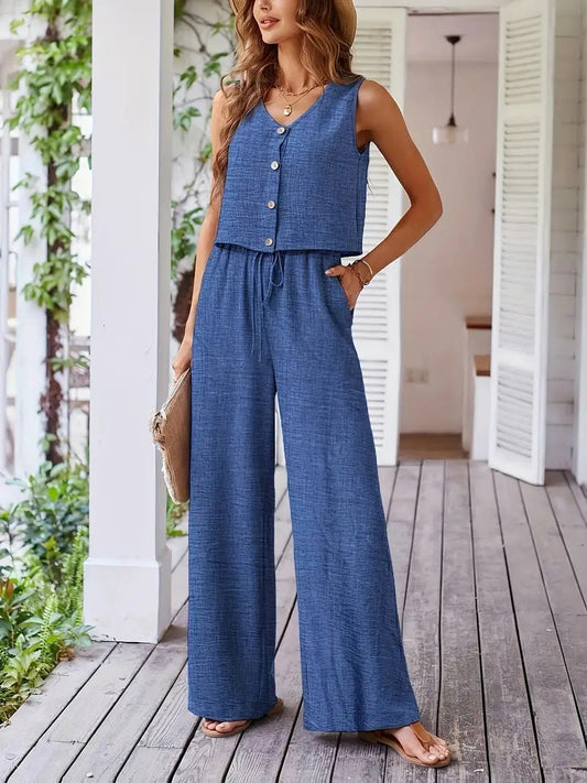 Women's casual jumpsuit with button placket and wide leg Ivyshape