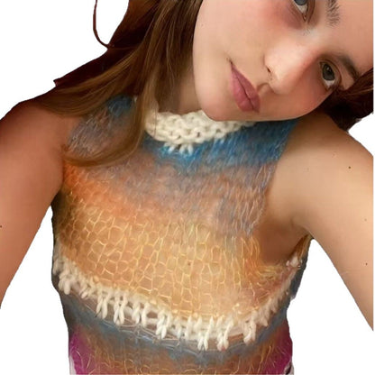 Ladies transparent crochet top with high collar and trendy details Ivyshape