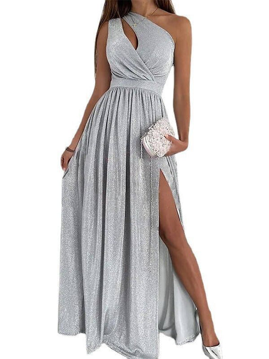Ladies Glamorous Maxi Dress with Asymmetrical Cut and Slits Ivyshape