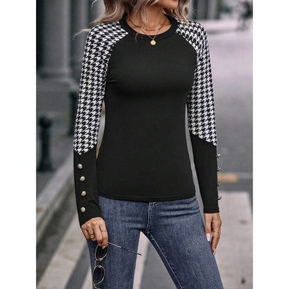 Women's Figure-Hugging Long Sleeve Top with Houndstooth Pattern Ivyshape