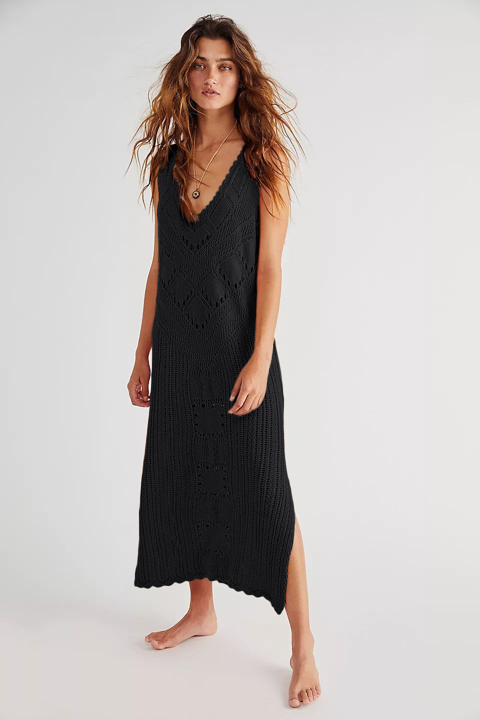 Women's airy crochet beach cover-up with deep V-neckline and decorative pattern Ivyshape