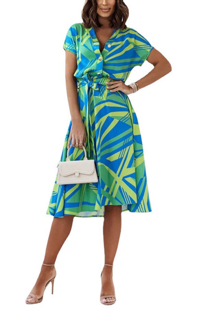 Women's maxi dress with modern geometric cut and waist belt Ivyshape