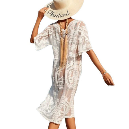 Ladies Transparent Beach Tunic with Artistic Embroidery and Flowy Cut Ivyshape