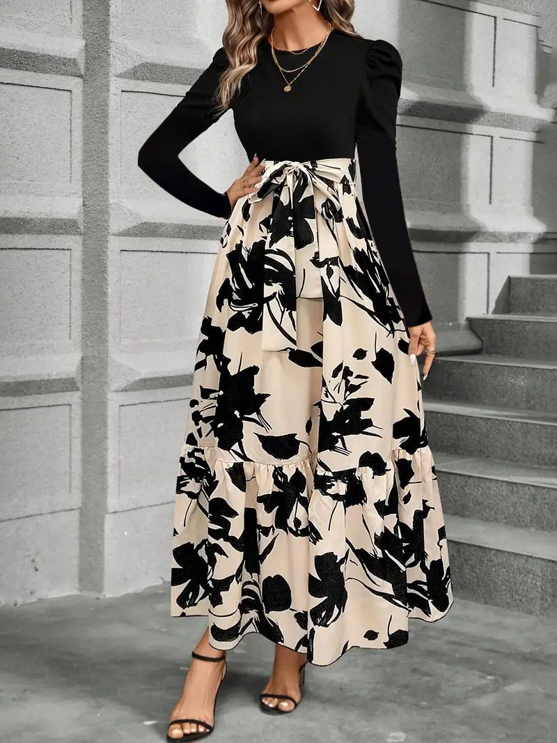 Women’s Floral Print Maxi Dress with Puff Sleeves Ivyshape