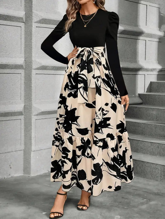 Women’s Floral Print Maxi Dress with Puff Sleeves Ivyshape