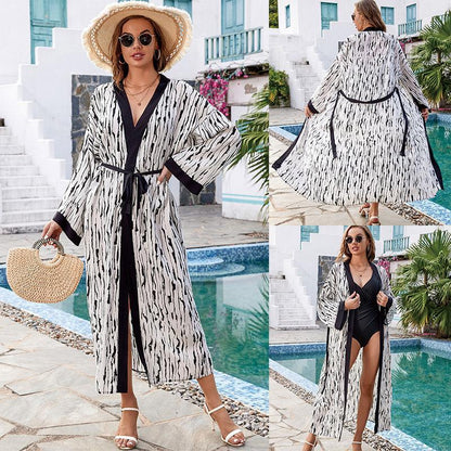 Ladies elegant beach kimono with sophisticated palm pattern and adjustable belt Ivyshape