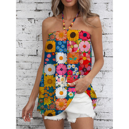 Ladies summer jumpsuit with colorful floral pattern and stylish strap design Ivyshape