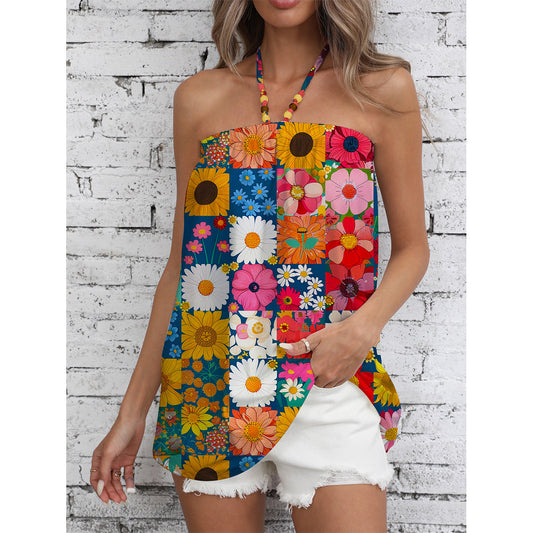 Ladies summer jumpsuit with colorful floral pattern and stylish strap design Ivyshape