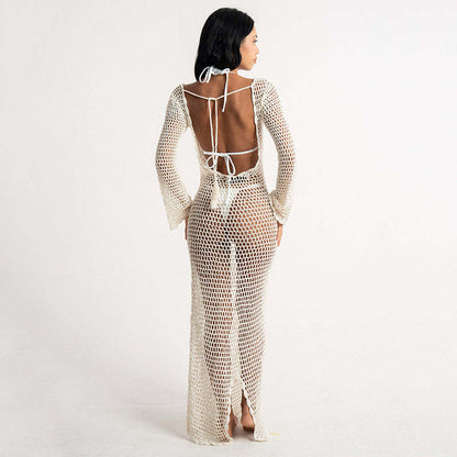 Women's Net Maxi Dress with Wide Flared Sleeves and Fitted Cut Ivyshape