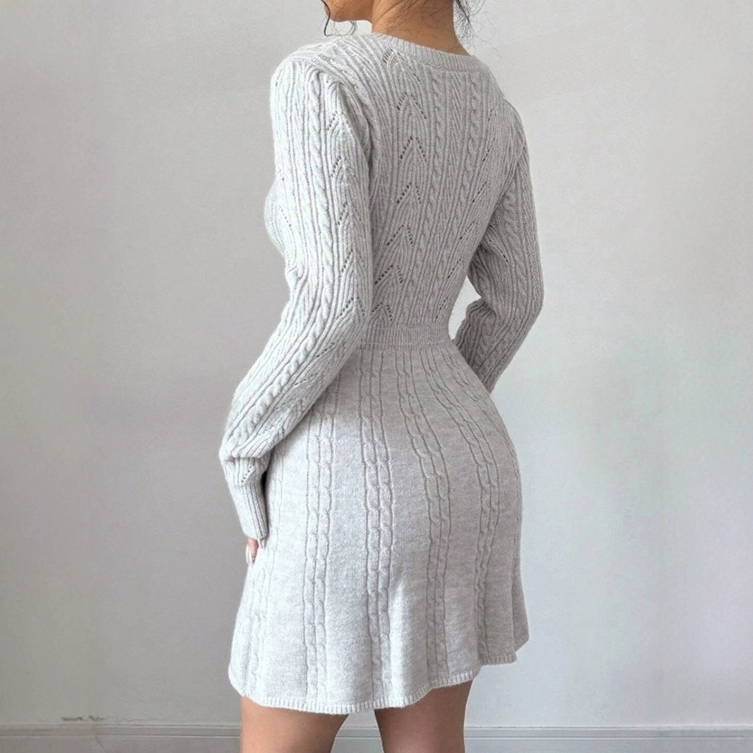Women's knitted dress with decorative button placket and textured pattern Ivyshape