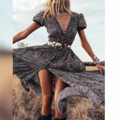 Ladies Maxidress with elegant puff sleeves and refined slit Ivyshape