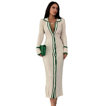 Women's knit maxi dress with contrast seams and button details Ivyshape