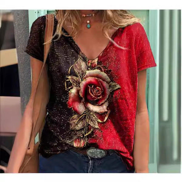 Women's Artistic Floral Graphic V-Neck T-Shirt Ivyshape