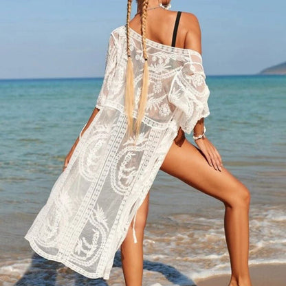 Ladies Transparent Beach Tunic with Artistic Embroidery and Flowy Cut Ivyshape